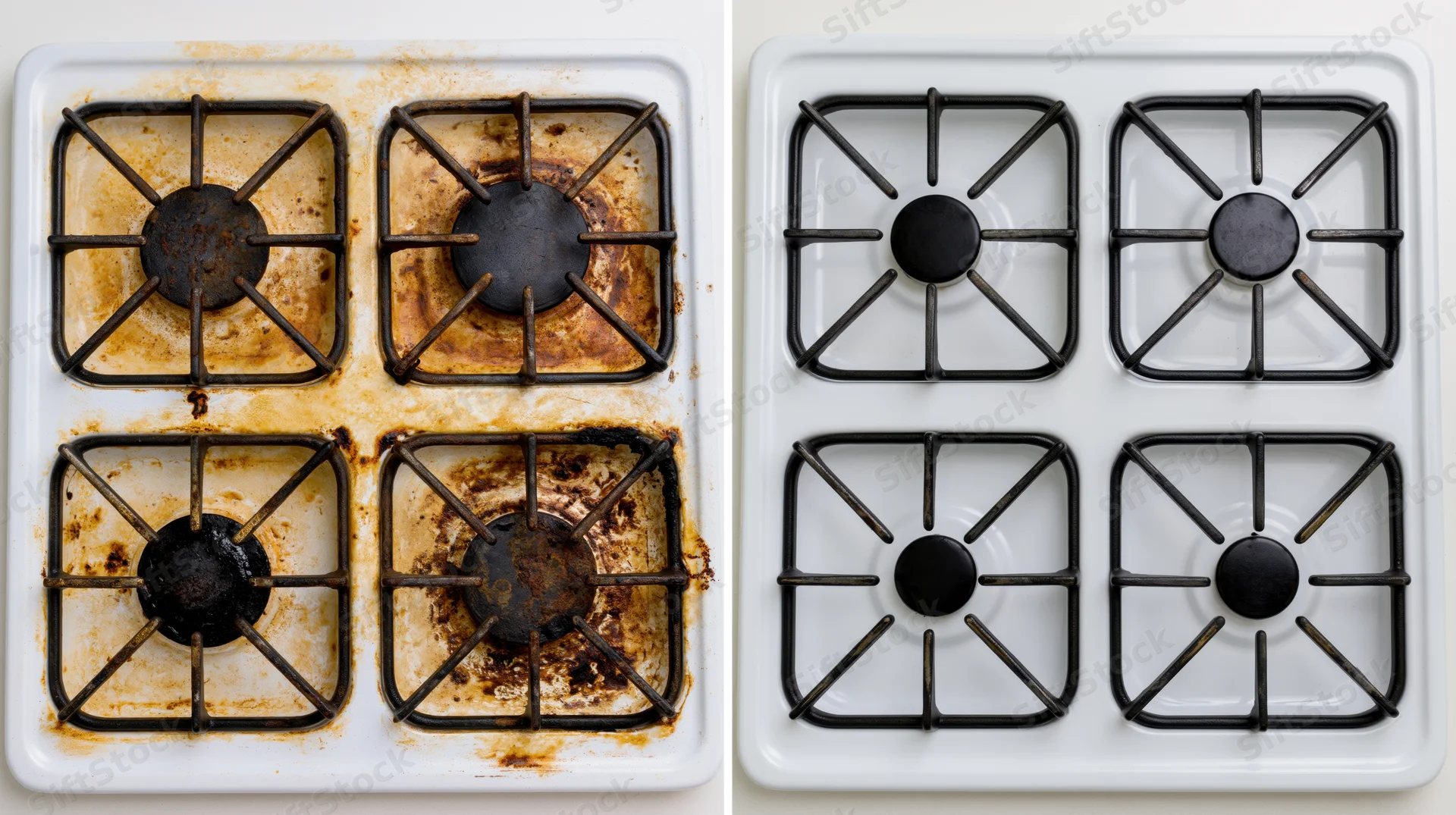 Side-by-side overhead view of a white four-burner gas stove before and after cleaning, showing stained grates and burners versus clean, restored surface