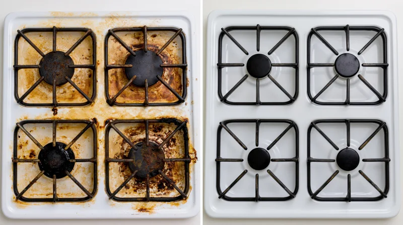 Side-by-side overhead view of a white four-burner gas stove before and after cleaning, showing stained grates and burners versus clean, restored surface