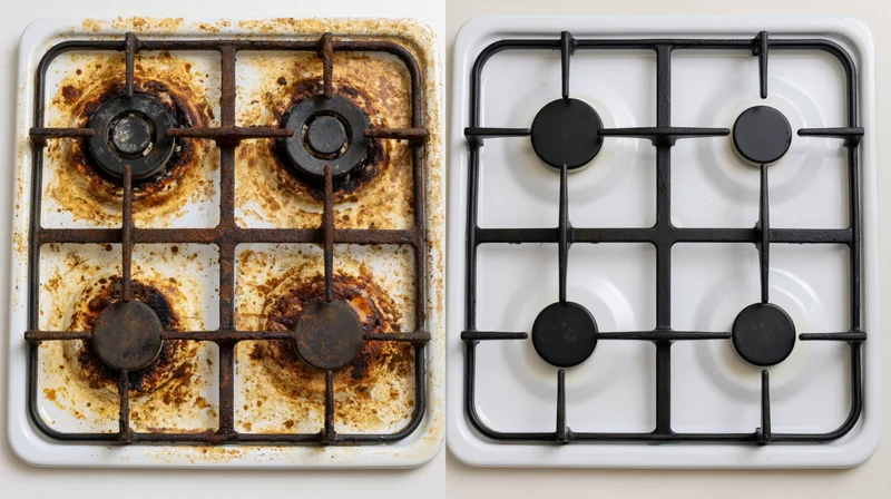 Side-by-side overhead view of a dirty and clean white four-burner gas stove with black grates