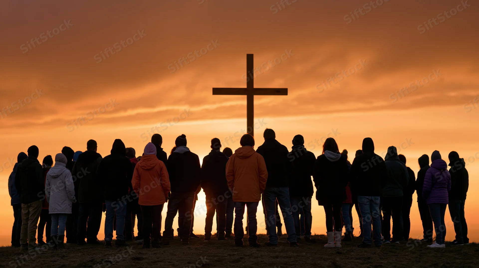 Silhouettes of a group of people standing together facing a cross at sunset on a hill