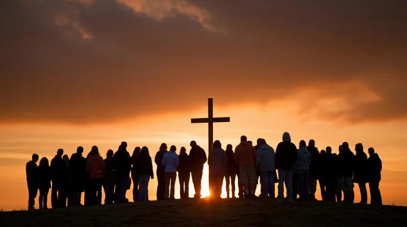 Silhouetted group of people standing together on a hill at sunset facing a cross