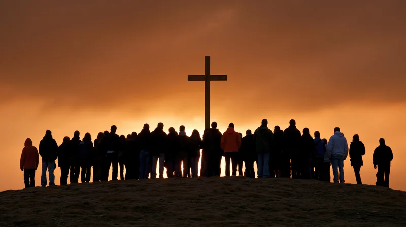 Silhouetted group of people standing together on a hill at sunset facing a cross