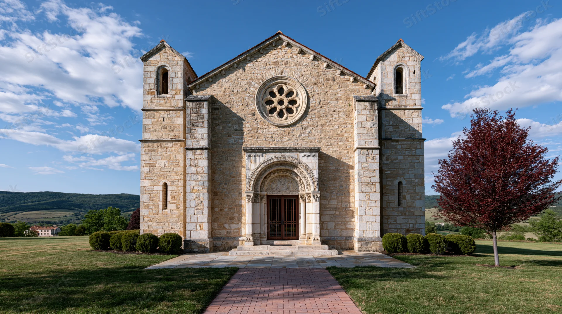 Small roman stone church with rose window and arched entrance in rural landscape