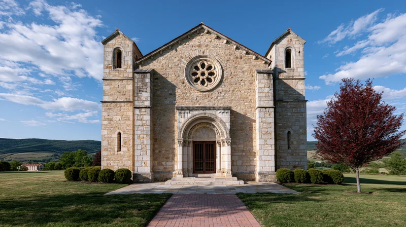 Small roman stone church with rose window and arched entrance in rural landscape