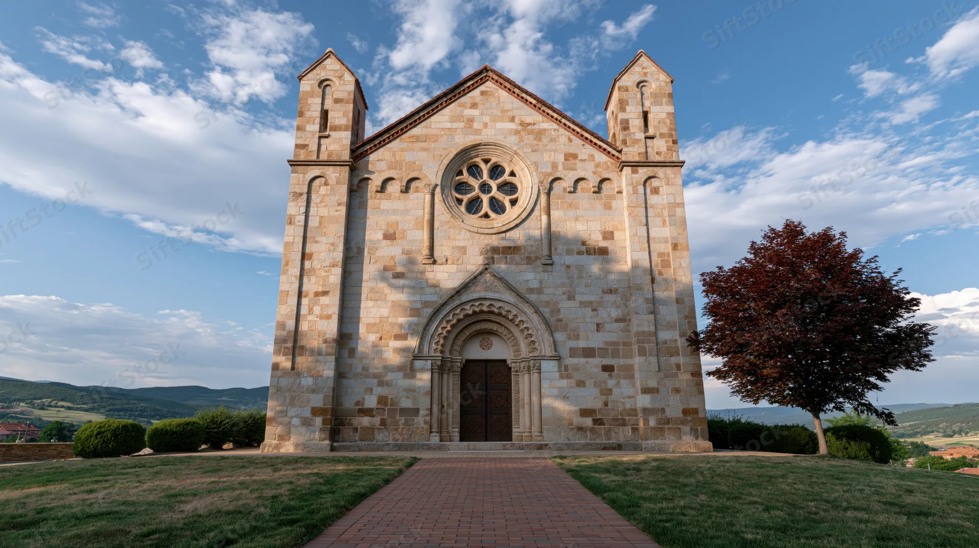 Small roman stone church with rose window and ornate arched entrance on a grassy hill under blue sky with clouds