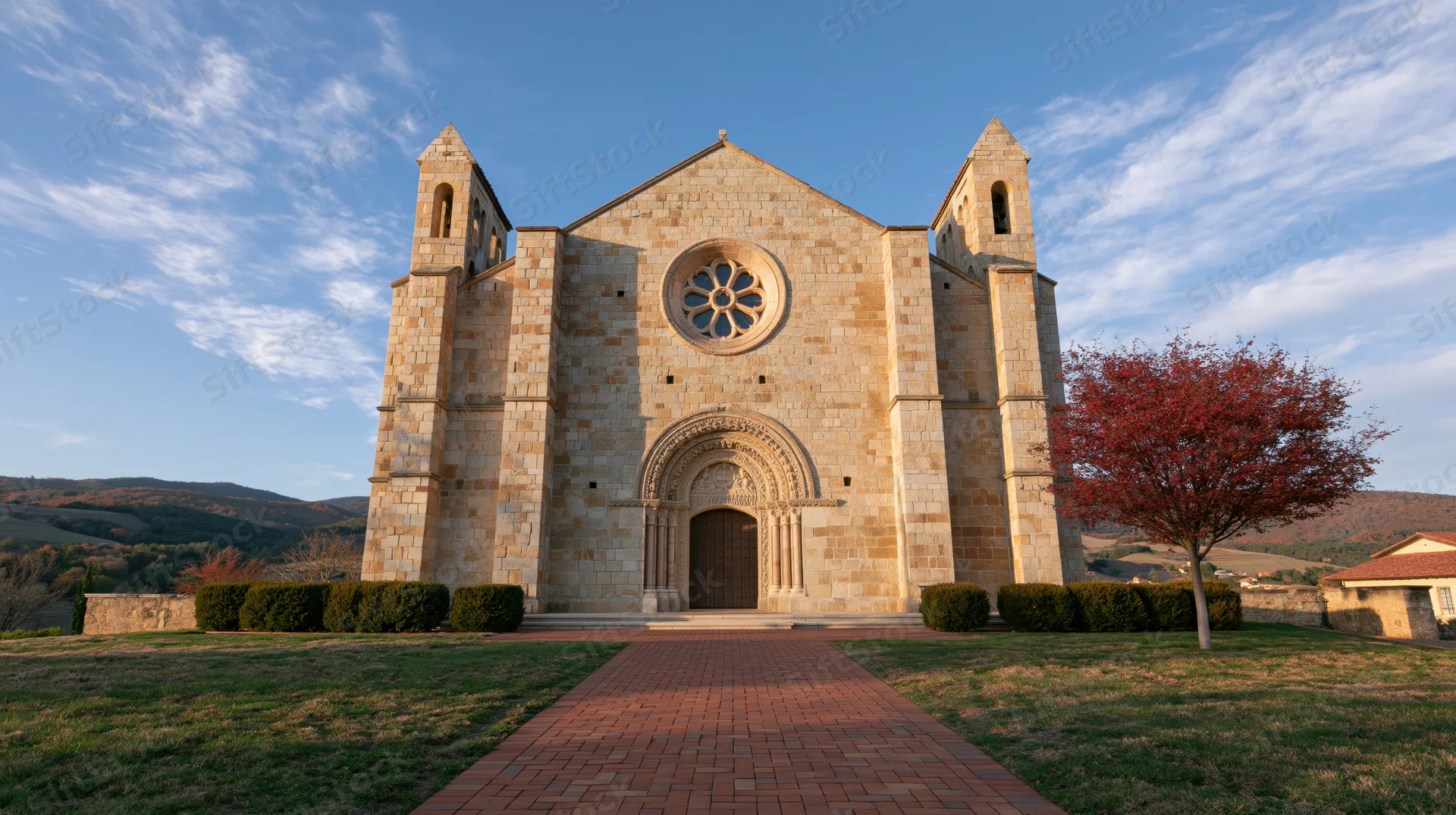 Small roman stone church with rose window and ornate arch facade on grassy hill under blue sky with autumn tree nearby
