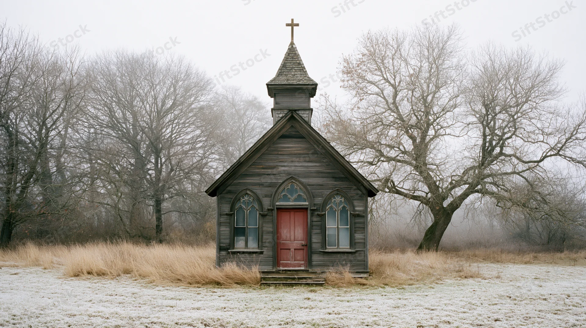 Small abandoned wooden chapel with cross-topped steeple in frosty rural field surrounded by bare trees