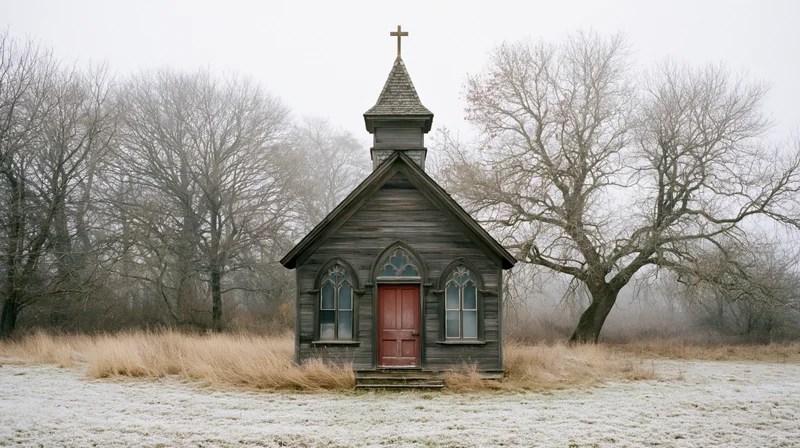 Small abandoned wooden chapel with cross-topped steeple in frosty rural field surrounded by bare trees