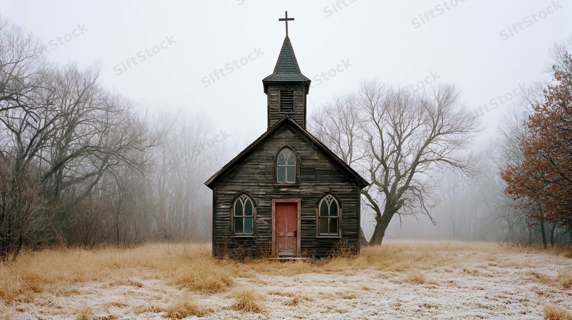 Small abandoned wooden chapel with cross-topped steeple in a frosty rural field surrounded by bare trees on a foggy winter day