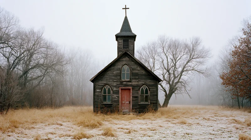 Small abandoned wooden chapel with cross-topped steeple in a frosty rural field surrounded by bare trees on a foggy winter day
