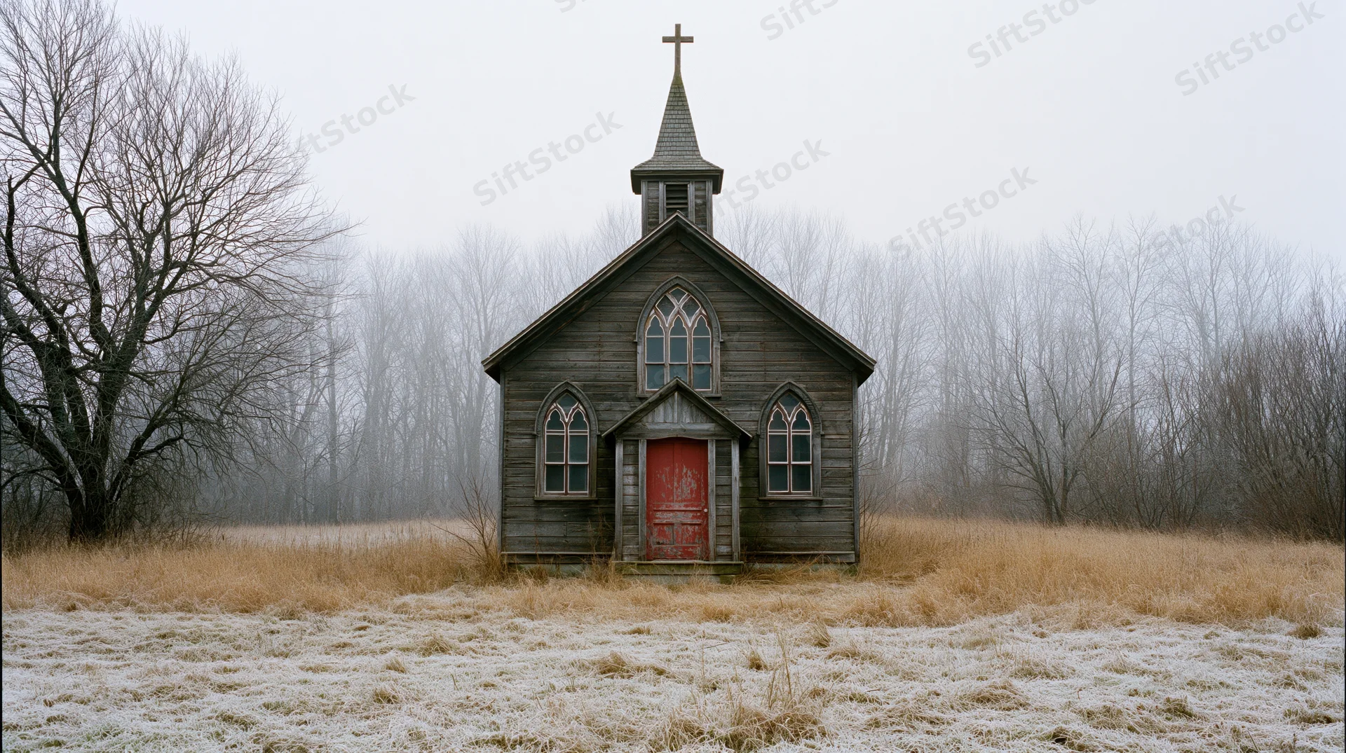 Small abandoned wooden chapel with cross-topped steeple in frosty rural field