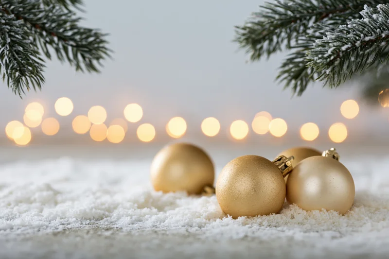 Gold christmas ornaments resting on white snow with pine branches and blurred lights in background