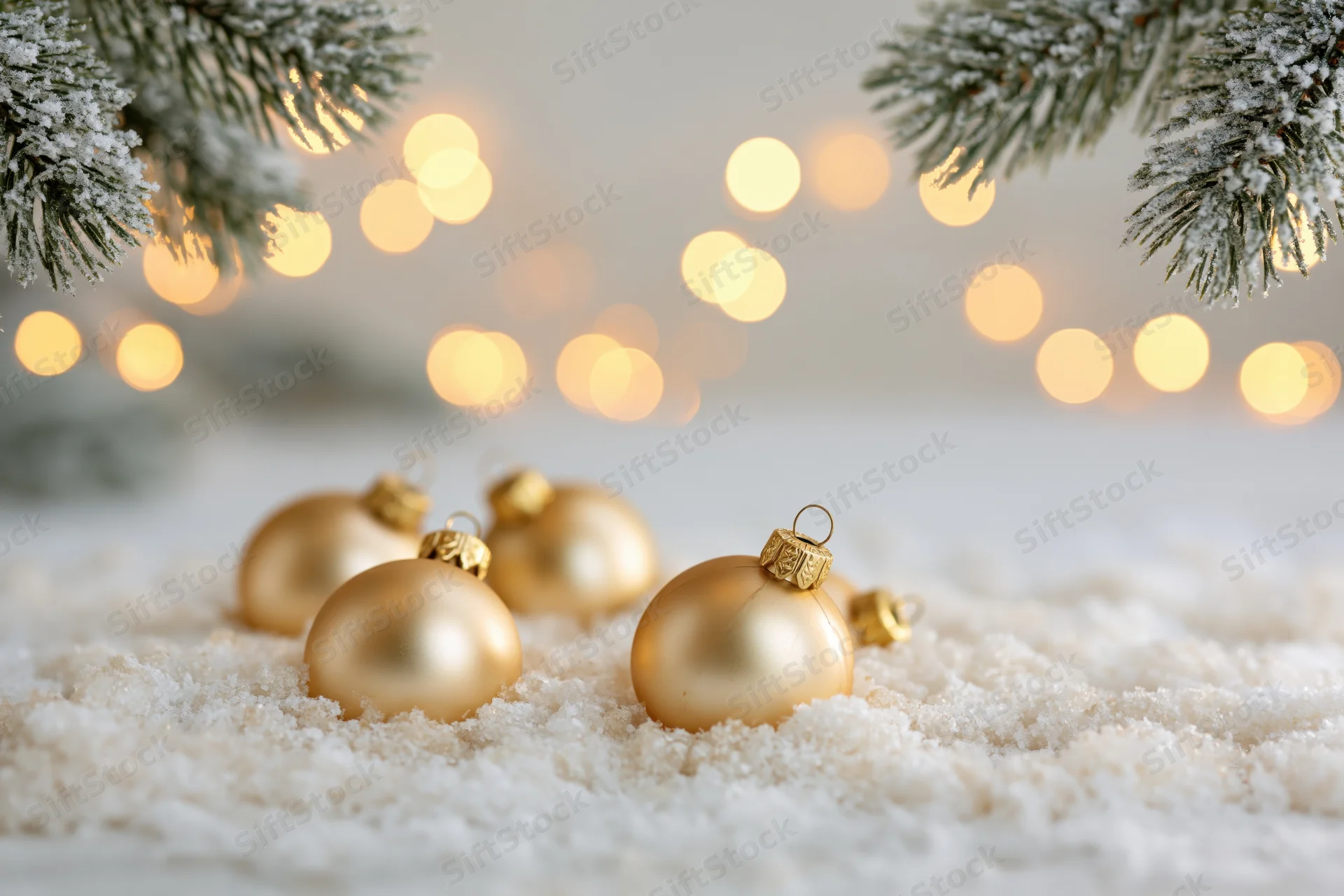 Small gold christmas ornaments resting on white snow beneath frosted pine branches with warm bokeh lights in background