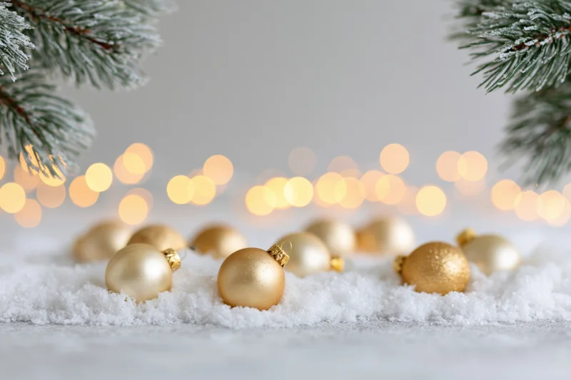 Gold christmas ornaments resting on snow with pine branches and bokeh lights in background