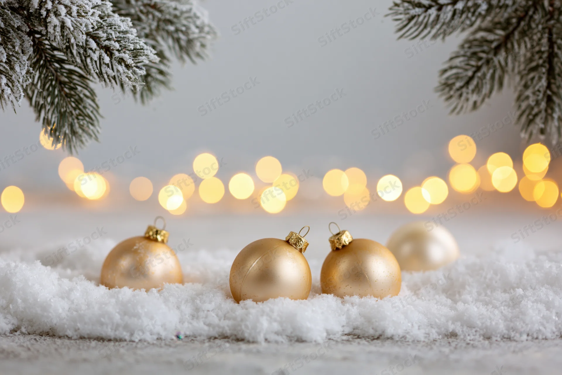 Gold christmas ornaments resting on snow with blurred lights in background