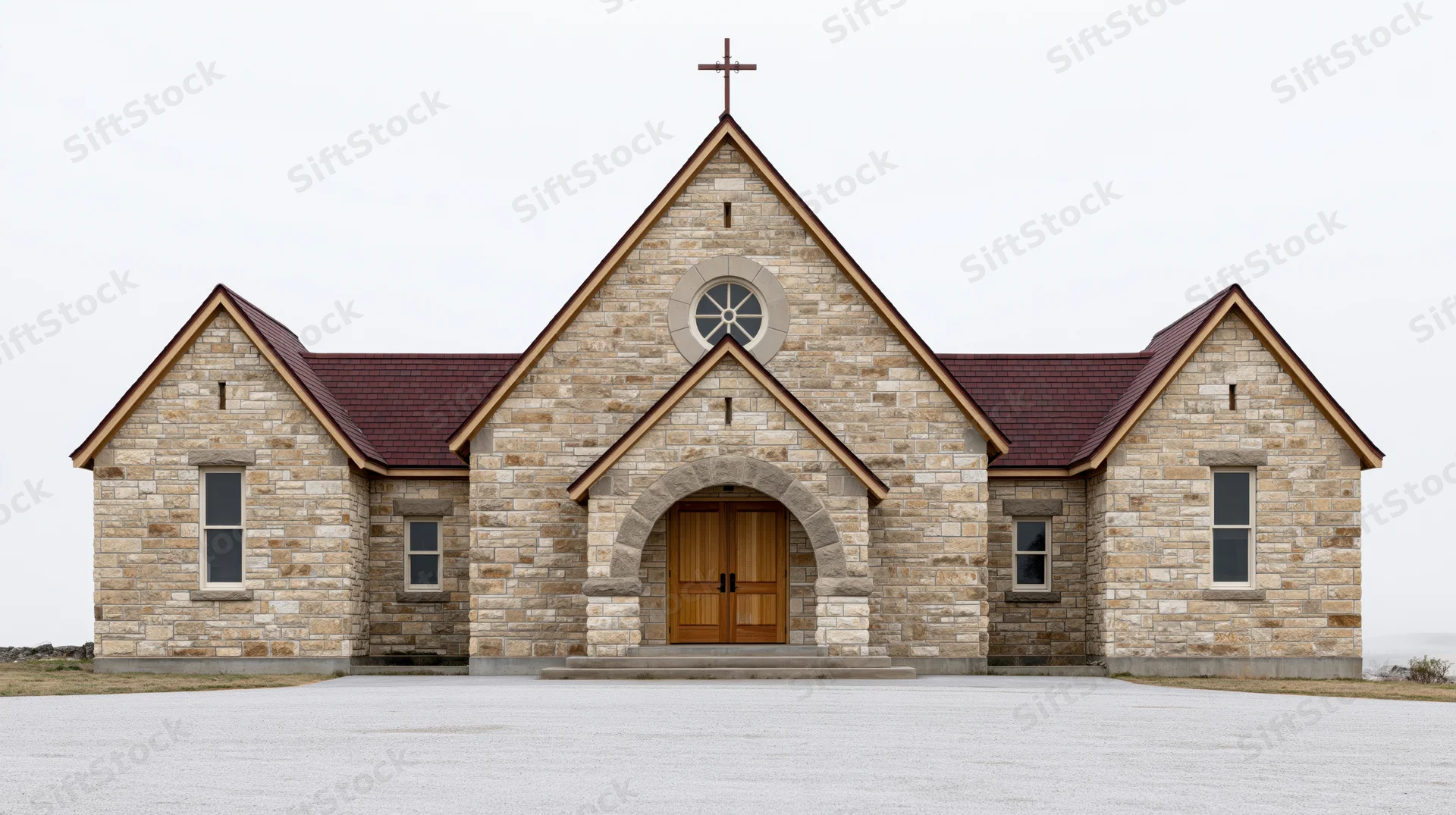 Small limestone community church with central peaked gable and cross on roof, front view on gravel ground under white sky
