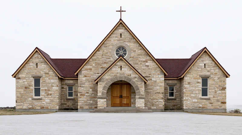 Small limestone community church with central peaked gable and cross on roof, front view on gravel ground under white sky