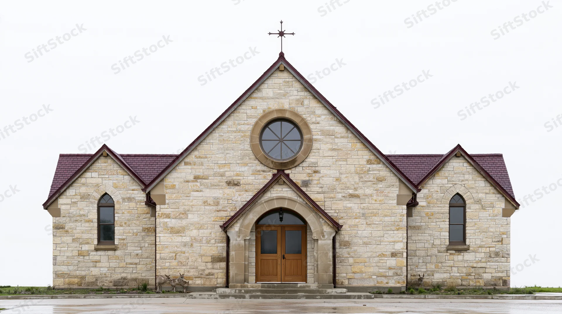 Small limestone community church with central peaked gable and arched wooden entrance