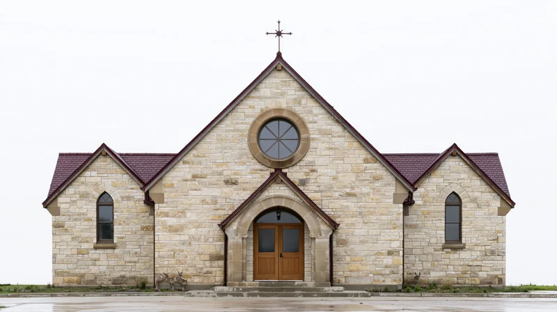 Small limestone community church with central peaked gable and arched wooden entrance