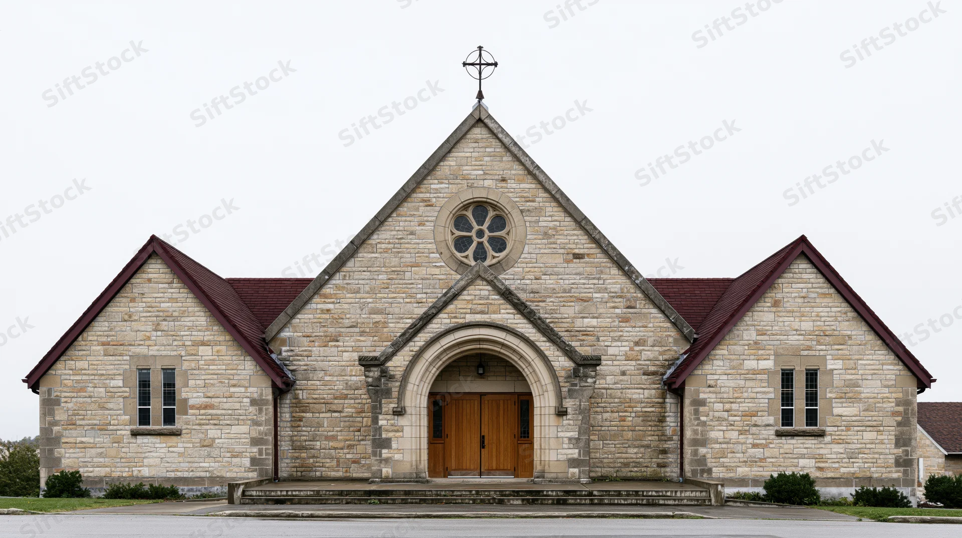 Small limestone community church with central peaked gable and arched wooden doors, front exterior view
