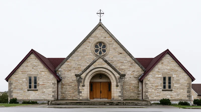 Small limestone community church with central peaked gable and arched wooden doors, front exterior view