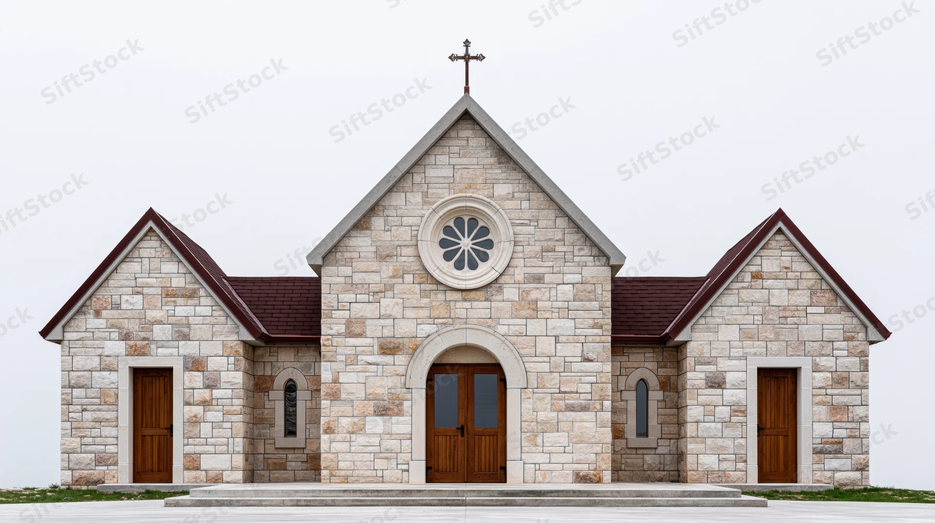Small limestone community church with central peaked gable and cross on roof, symmetrical facade featuring arched wooden doors and rose window, set on stone platform against plain sky