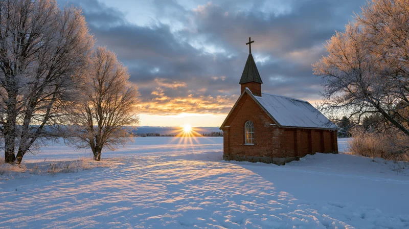 Small red brick rural chapel with cross-topped steeple stands in snow-covered field at sunrise