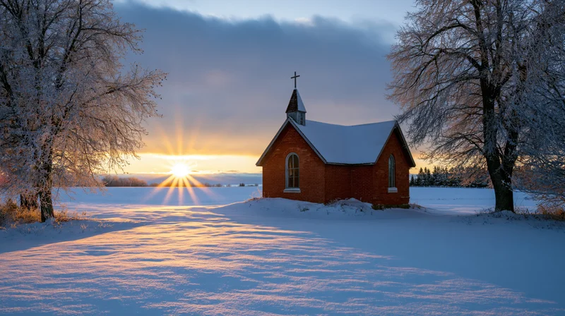 Small red brick chapel with cross-topped steeple in snowy rural field at sunrise