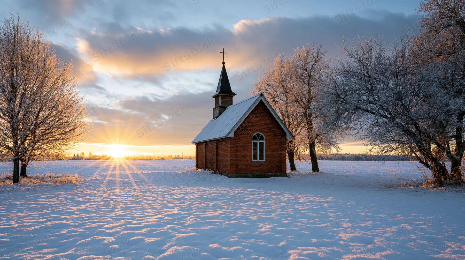 Small red brick chapel with cross-topped steeple in snowy rural field at sunrise