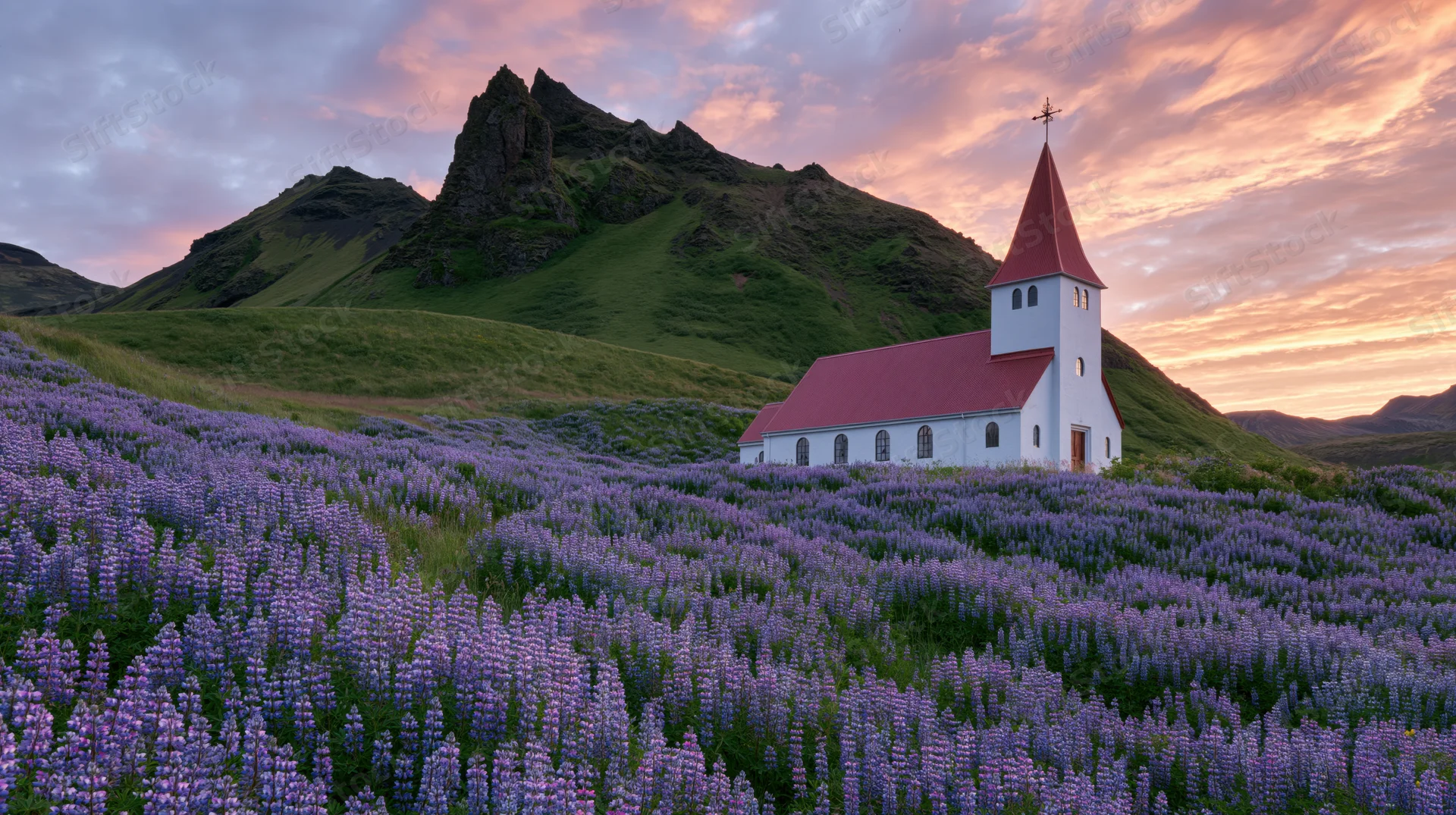 Small white church with red steeple and cross surrounded by purple lupine flowers in a green mountainous field at sunset