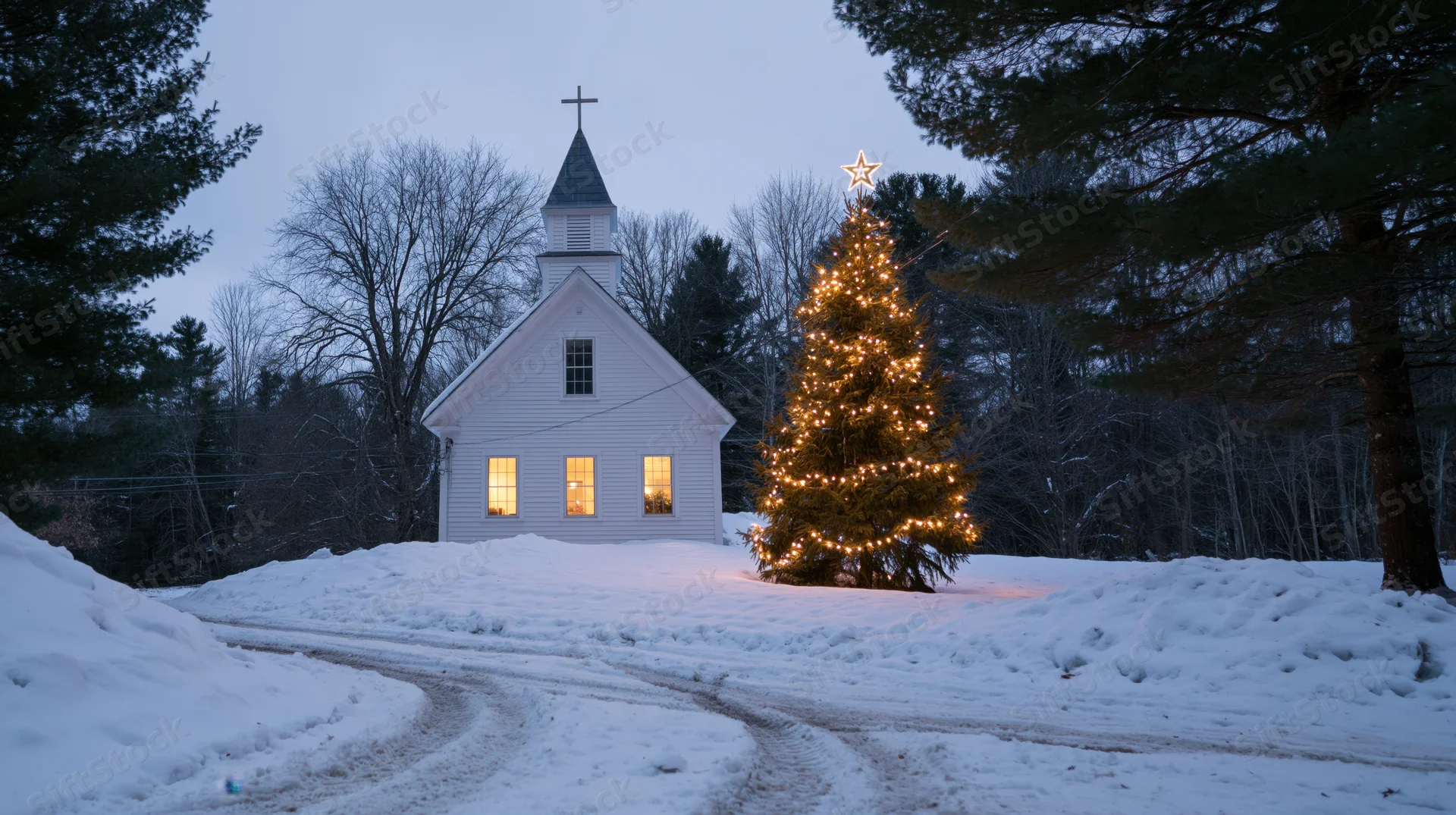 Small white chapel with steeple and cross standing beside a lit christmas tree in snowy rural landscape at twilight