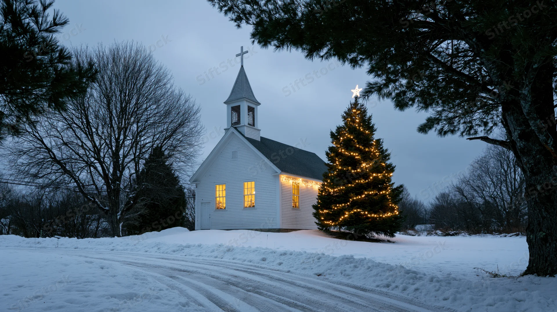 Small white chapel with steeple and cross beside a lit christmas tree in snowy rural landscape at twilight