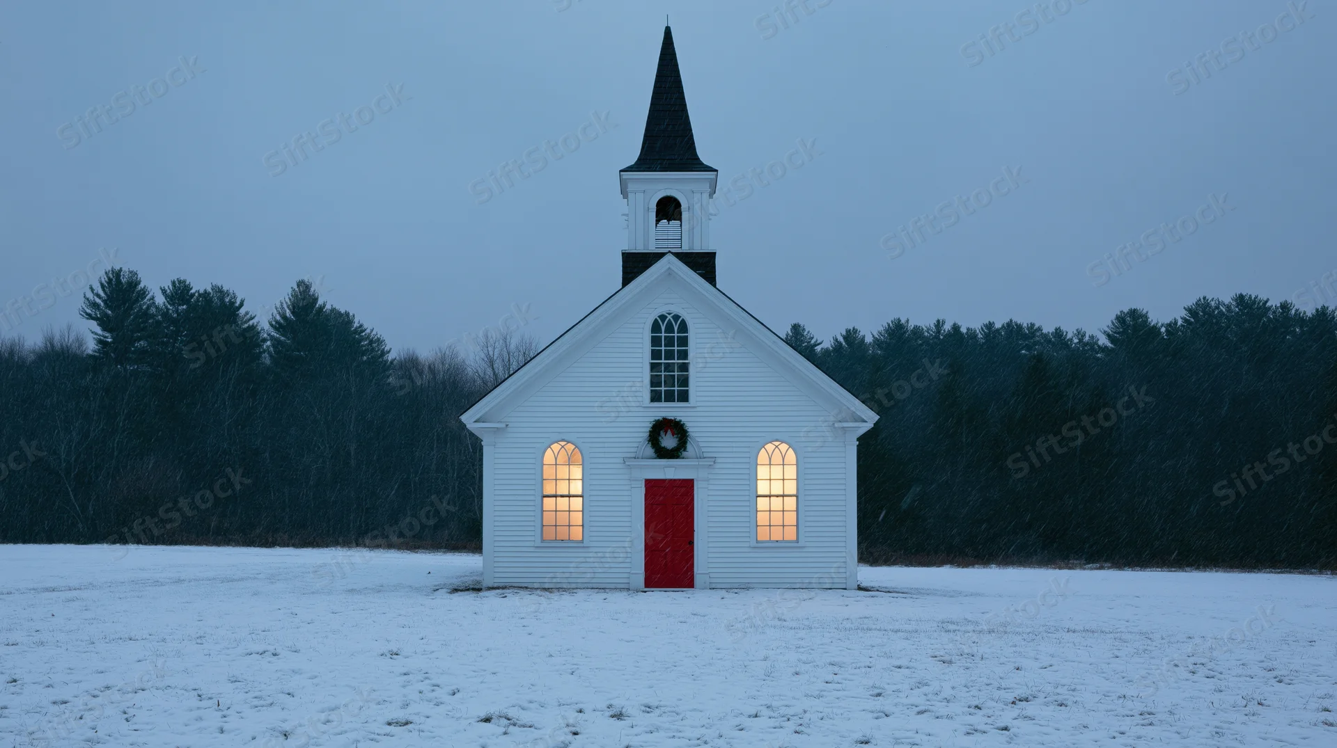Small white clapboard church with black steeple and red door in snowy field at dusk