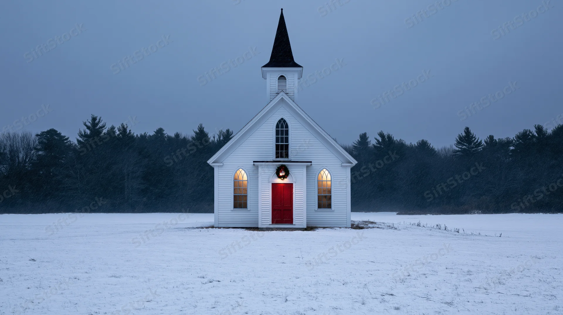 Small white clapboard church with red door and black steeple in snowy field at dusk