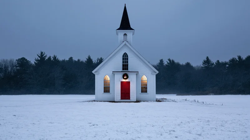 Small white clapboard church with red door and black steeple in snowy field at dusk