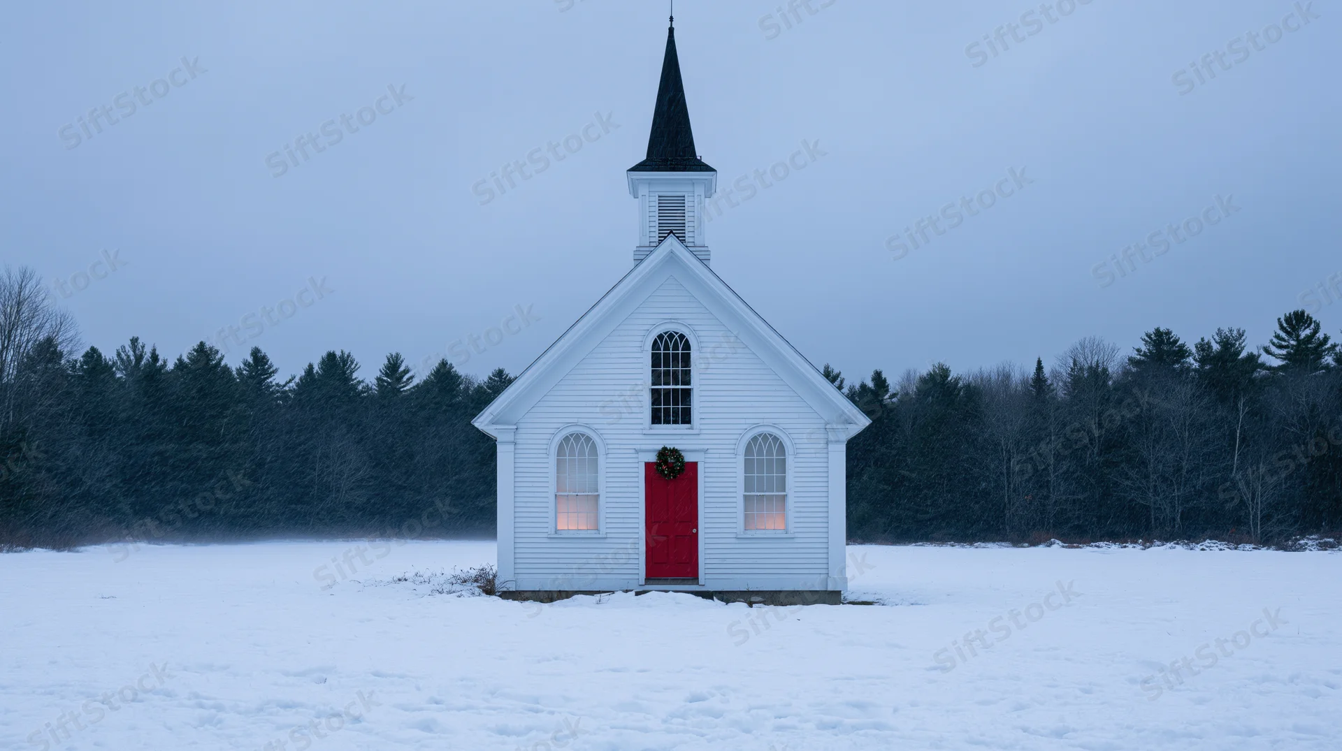 Small white clapboard church with red door and black steeple in snowy field surrounded by forest