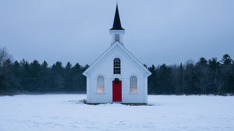 Small white clapboard church with red door and black steeple in snowy field surrounded by forest