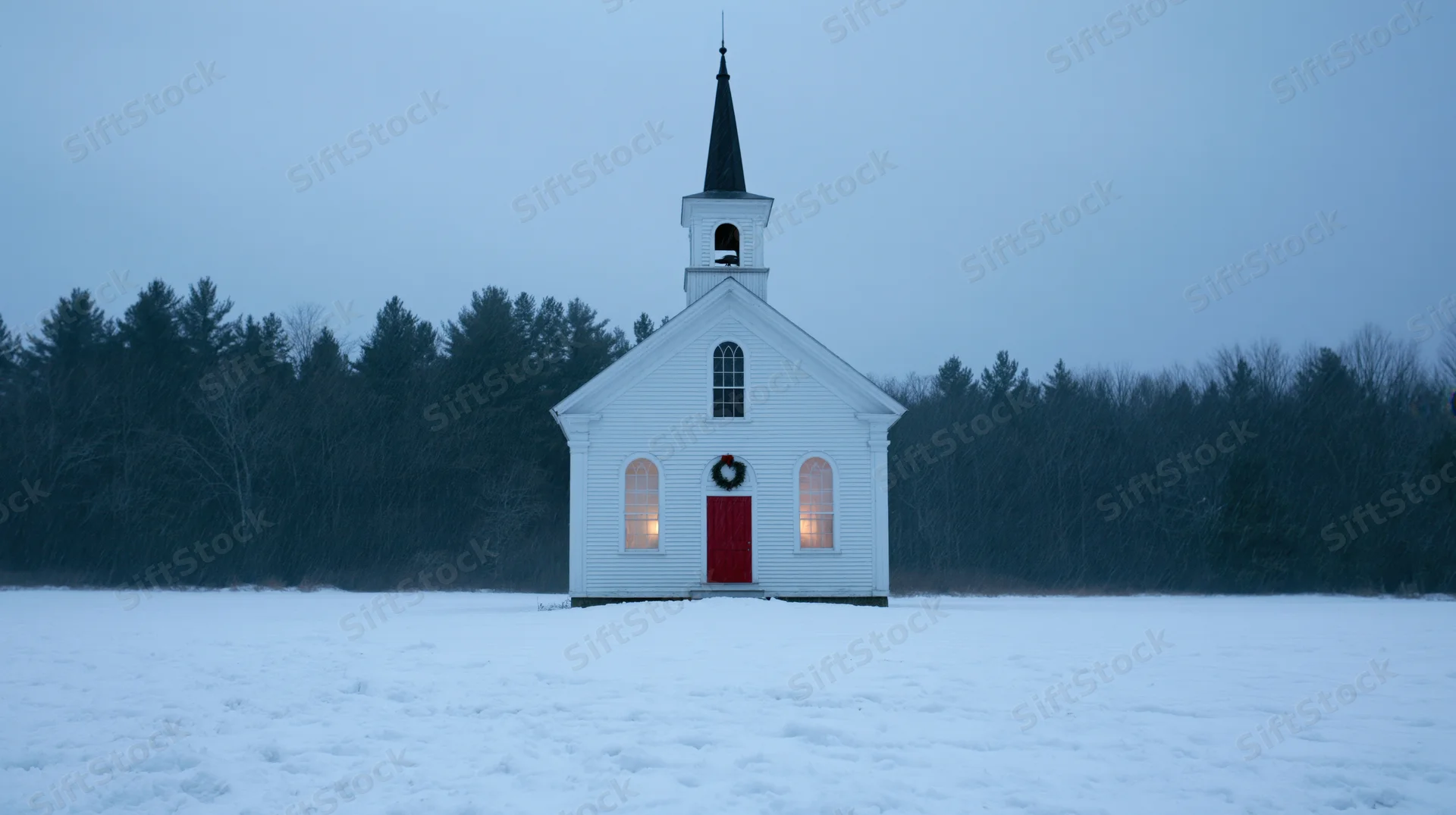 Small white clapboard church with black steeple and red door in snowy field surrounded by forest at dusk