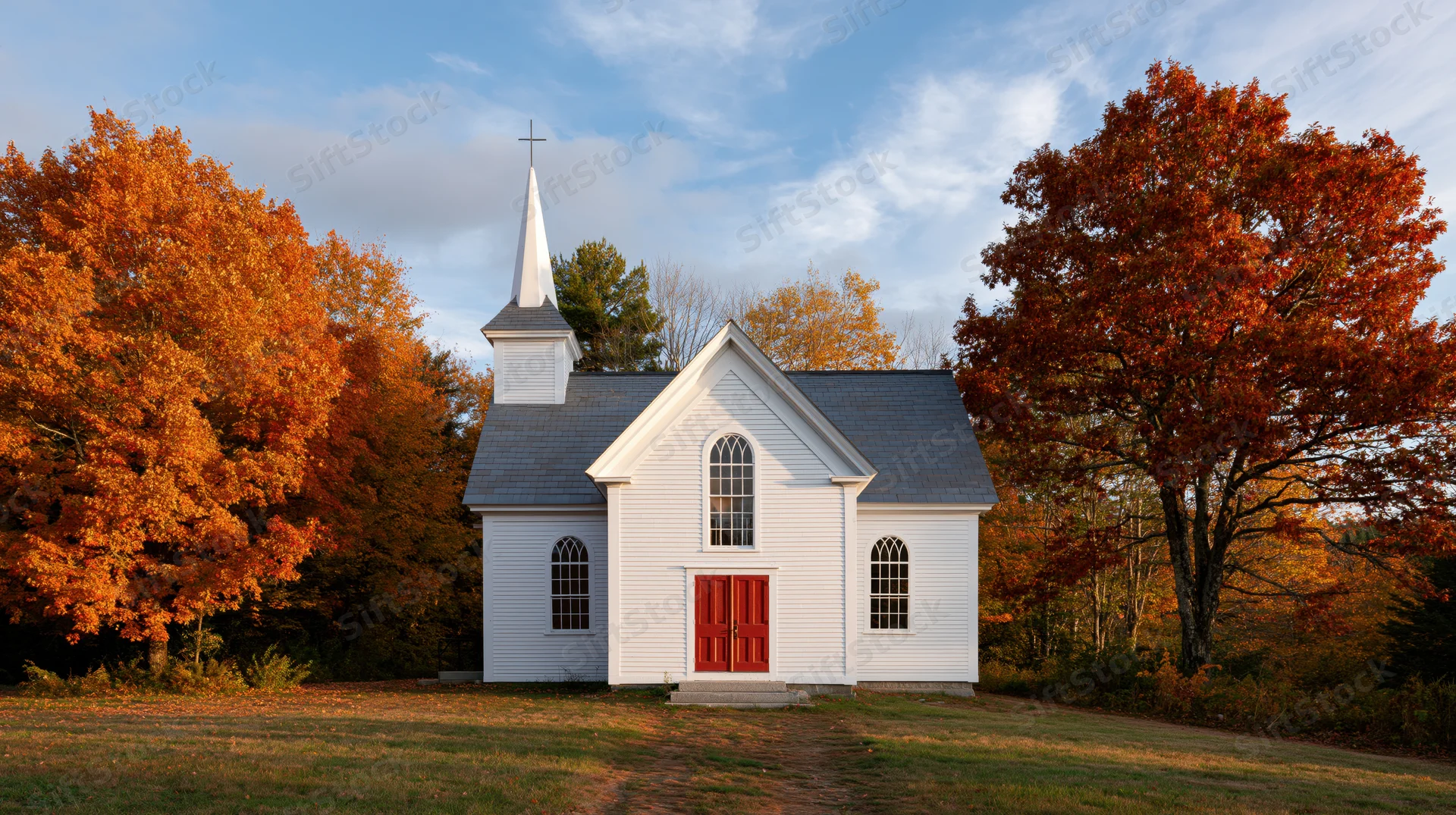Small white clapboard church with steeple and red door surrounded by autumn trees in rural landscape