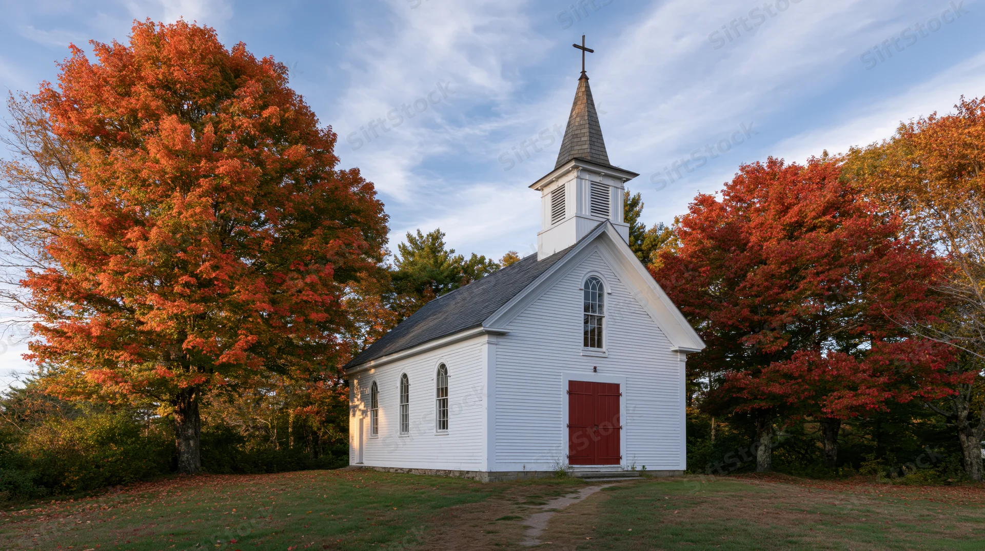 Small white clapboard church with steeple and cross surrounded by autumn trees in rural New England