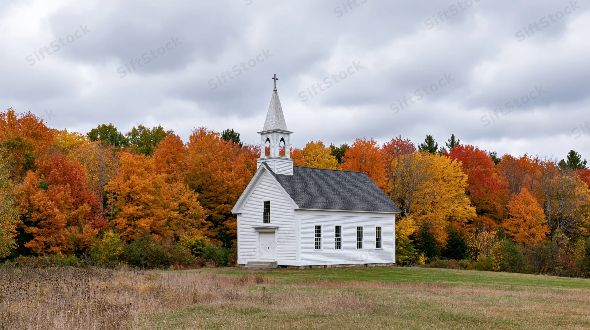 Small white clapboard church with steeple and cross in a grassy field surrounded by autumn foliage under a cloudy sky