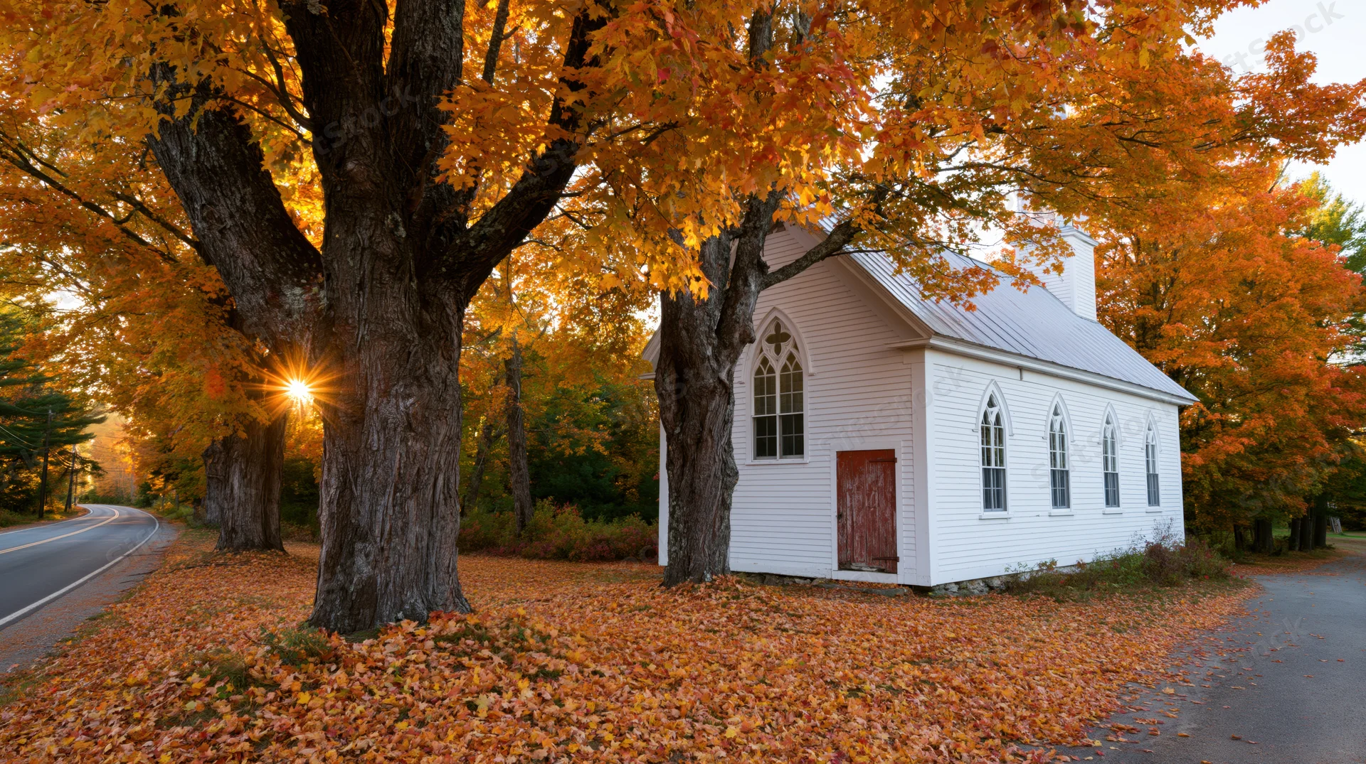 Small white clapboard church with steeple surrounded by autumn maple trees along a rural road