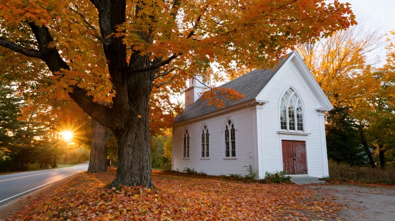 Small white clapboard church with steeple beside autumn tree-lined road at sunset
