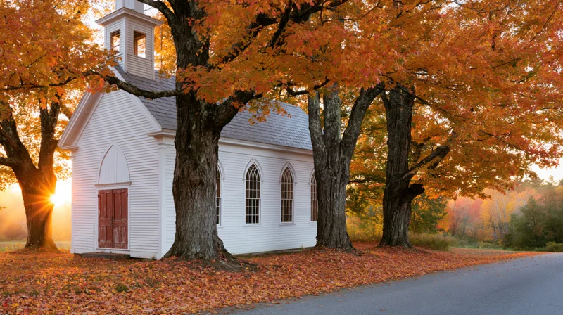 Small white clapboard church with steeple surrounded by autumn trees along a rural road at sunrise