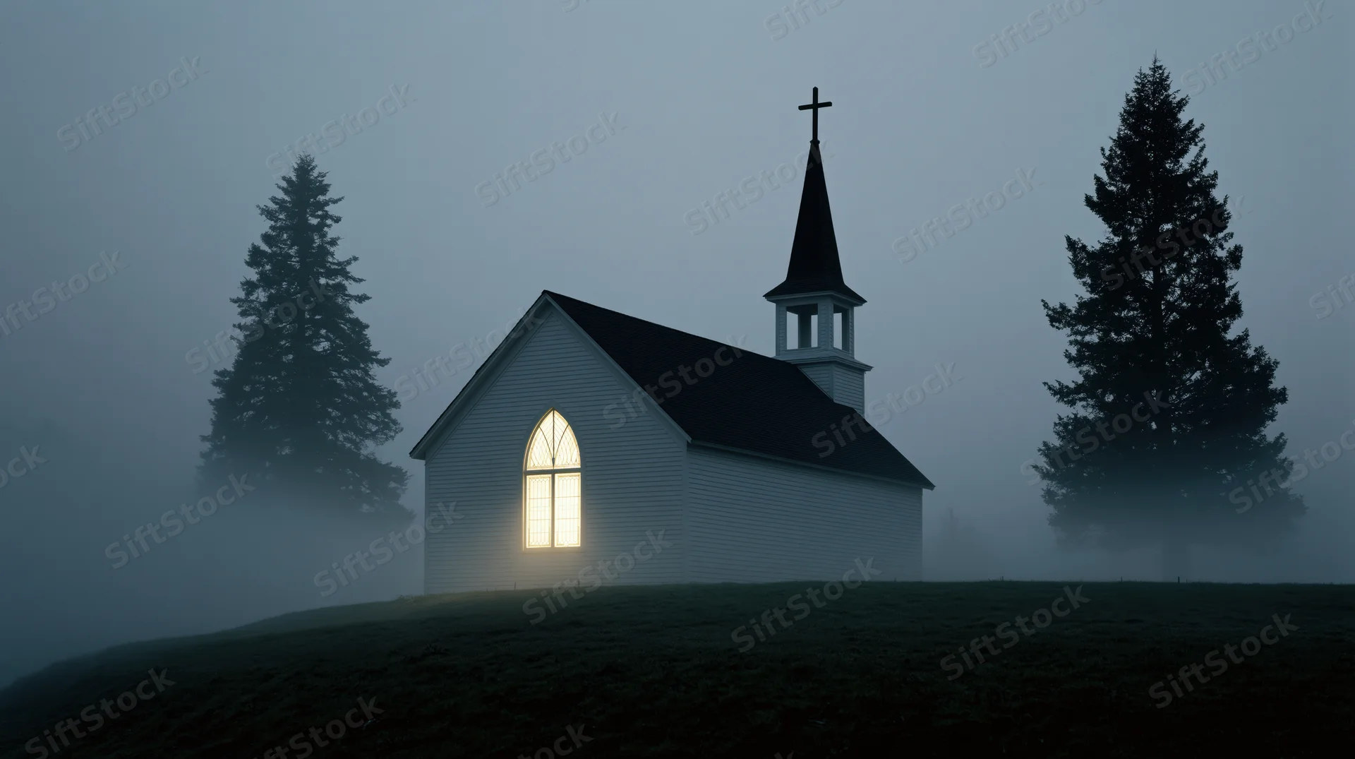 Small white clapboard church with glowing window on foggy hill at dusk