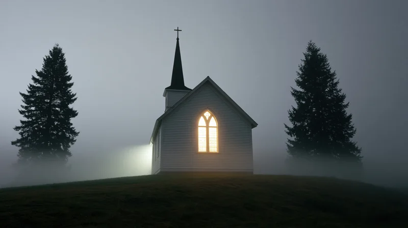 Small white clapboard church with illuminated arched window on foggy hill flanked by evergreen trees