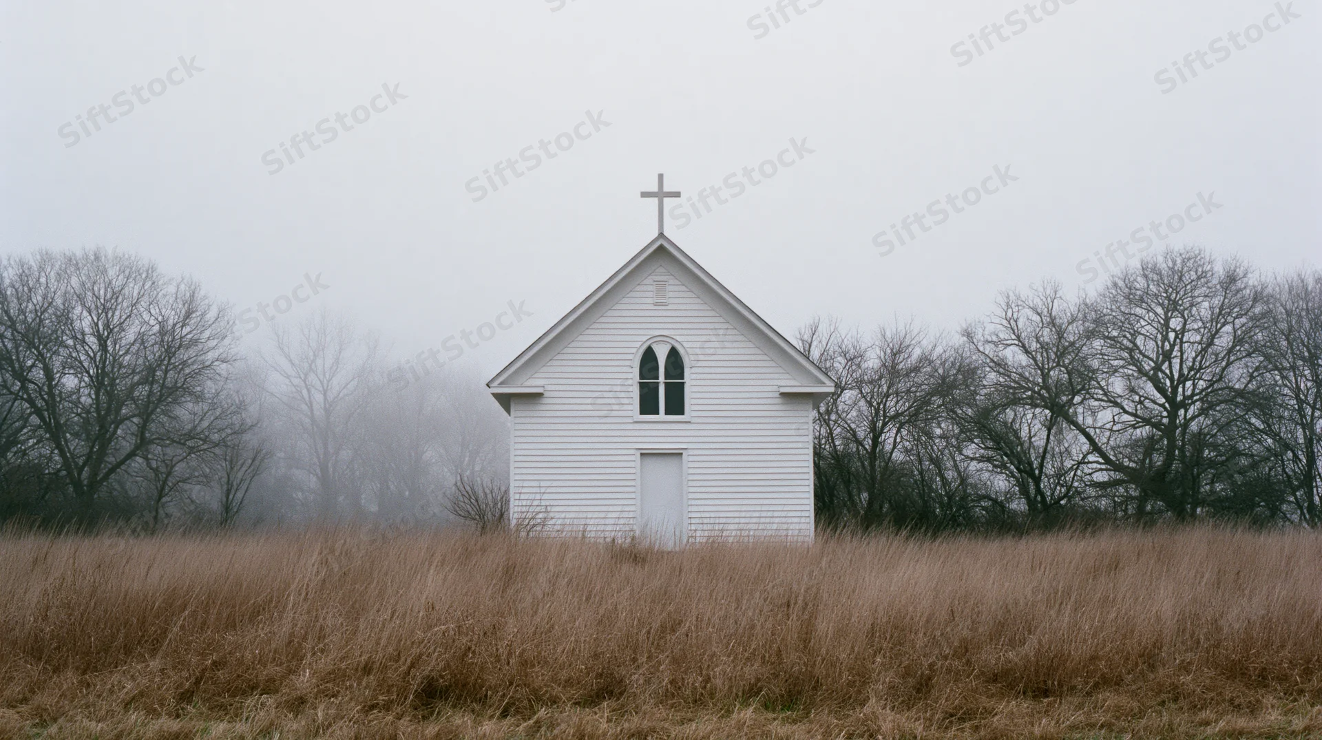 Small white clapboard church with rooftop cross in a foggy rural field surrounded by bare trees and dry grass