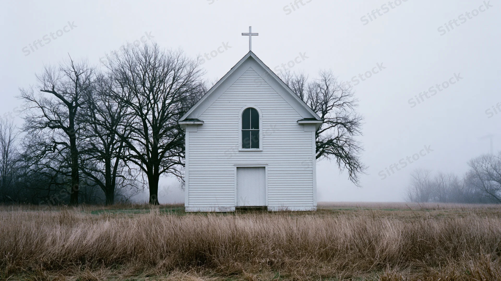 Small white clapboard church with rooftop cross in a foggy rural field