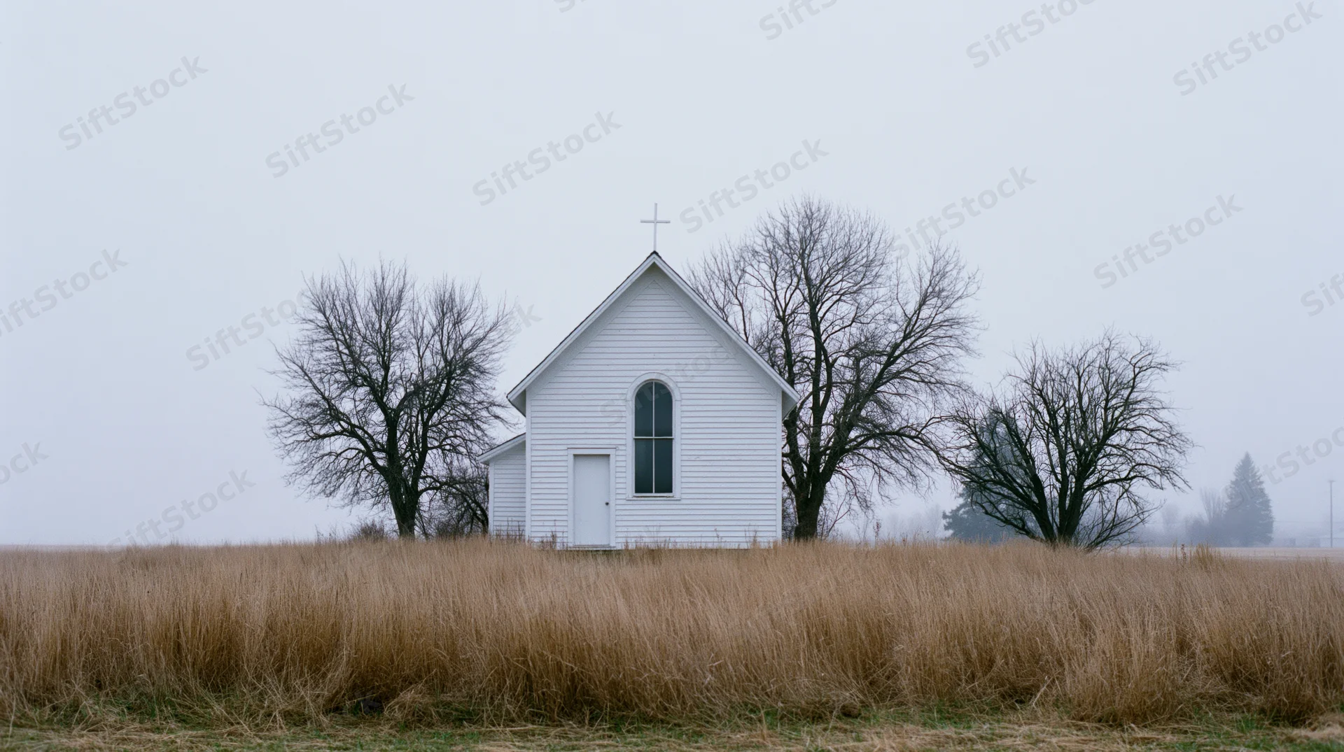 Small white clapboard church with rooftop cross in a dry grassy field surrounded by bare trees under an overcast sky
