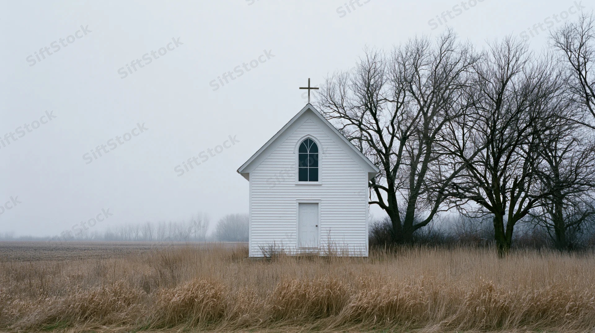 Small white clapboard church with rooftop cross standing in a dry grassy field beside bare trees under an overcast sky